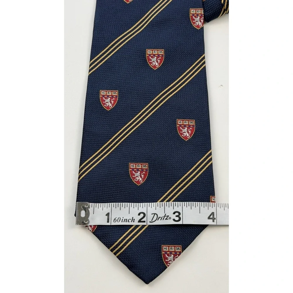 M. La Hart VTG Navy Blue Silk Harvard Striped Necktie Crest Pattern Made In USA